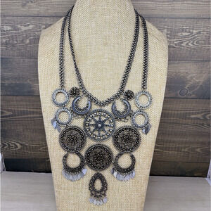 Chicos Silver Tone Chunky Circle Medallion Statement Bib Necklace